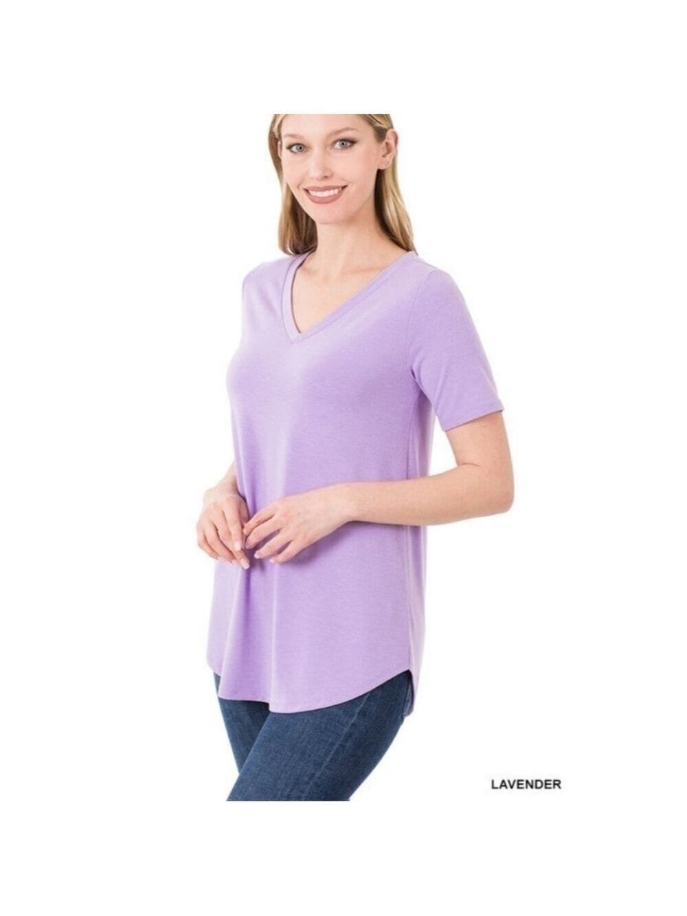 ZENANA Lavender color Short Sleeve V Neck Top Size Medium NWT